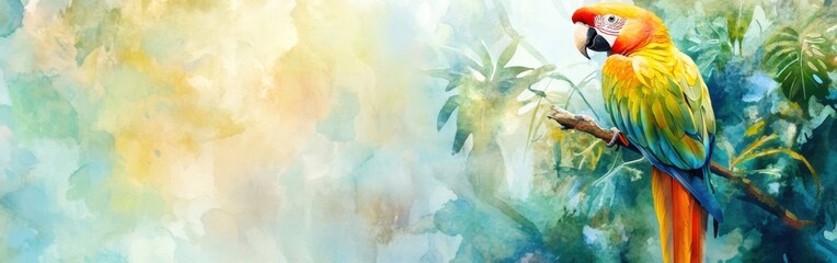 Obraz premium Watercolor background on the theme Close-up of a beautiful bird, bright feathers, sitting on a branch against a background of trop