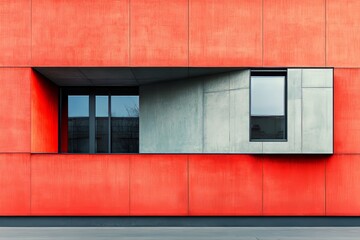 An abstract representation of a building's facade showcases geometric shapes and vivid colors, with the interaction between red and light blue tones resulting in a sleek, modern design that captures