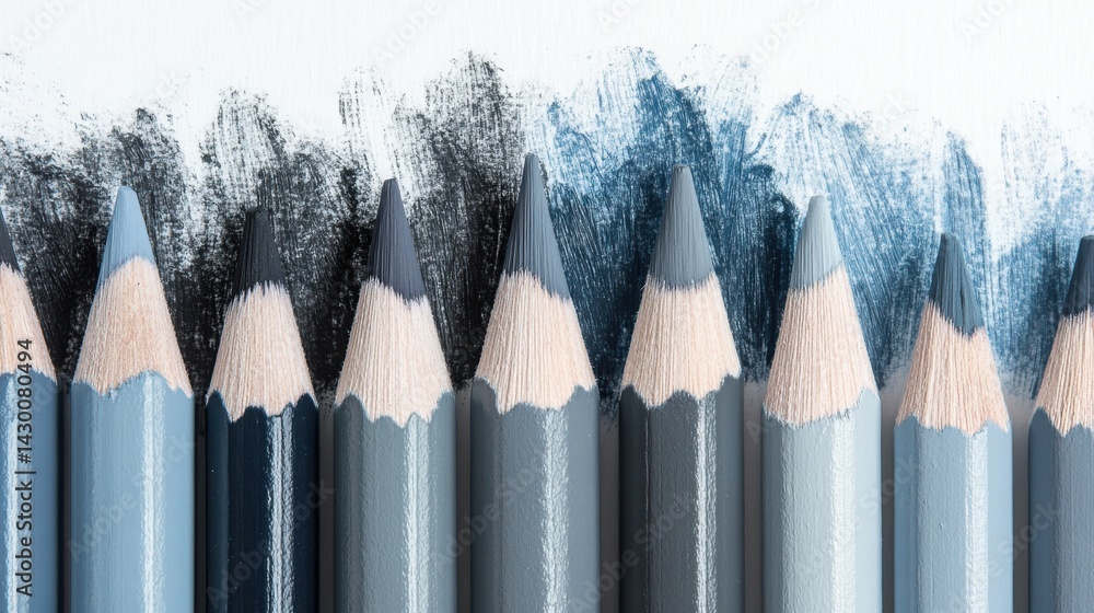 Poster gradient of blue and gray pencils with soft strokes on white paper background