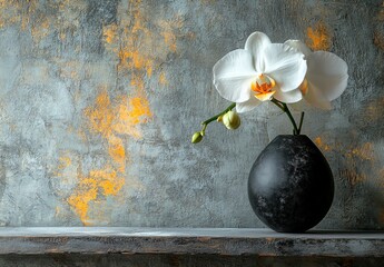 The delicate orchid is beautifully displayed in a black vase with its white blossoms
