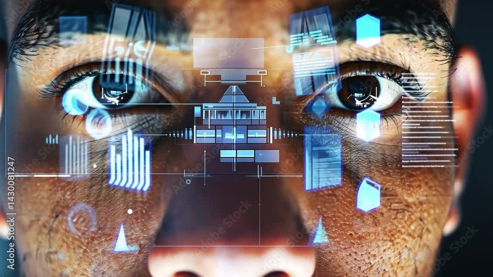 Poster close up of face with digital holographic interfaces and data projections, showcasing technology and