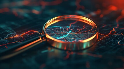 Magnifying Glass over Glowing Digital Map Abstract Data Visualization