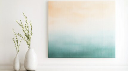 Interior Scene with Abstract Art, White Vases, and Greenery Accents for a Calm Minimalist Decor