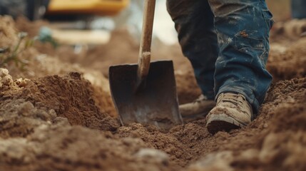 Construction worker digging a trench for utility pipes. Featuring dedication and strength