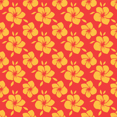 Seamless pattern of vibrant yellow flowers on a bold red background. Ideal for tropical, summer, or festive designs