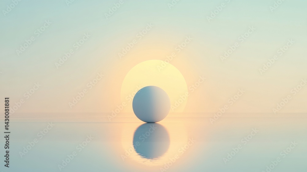 Poster serene minimalist abstract design featuring a reflective sphere against a pastel gradient sunset