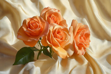 Delicate peach roses on a draped cream fabric.