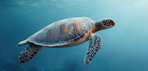 Fototapeta premium Underwater turtle swimming gracefully in ocean depths