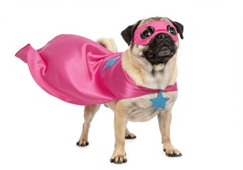A pug wearing a pink superhero cape and mask with blue stars on a white background looking up proudly