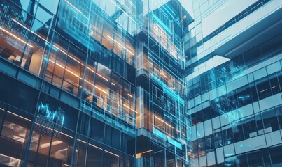 Modern glass office building with futuristic digital overlay.