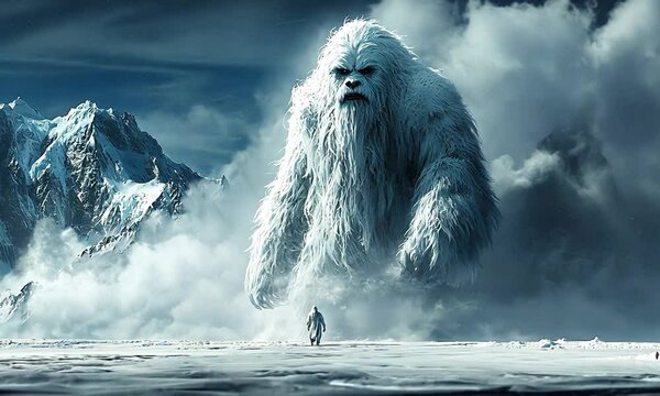 A massive yeti towers over a lone adventurer in a snowy mountain landscape, evoking awe