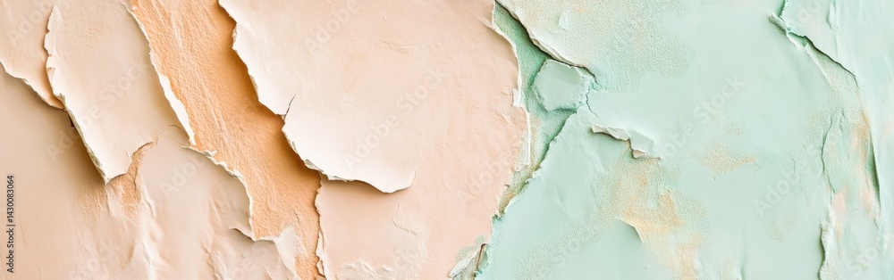 Aufkleber Elegant pastel peach and mint torn patches dissolving on wall creating abstract artistic pattern