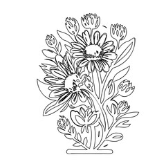 Elegant floral outline illustration featuring stylized blooms and foliage