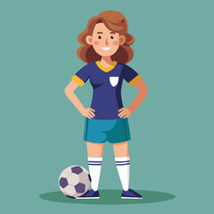 Soccer women, female football player with ball, isolated vector , high contrast illustration, front view 