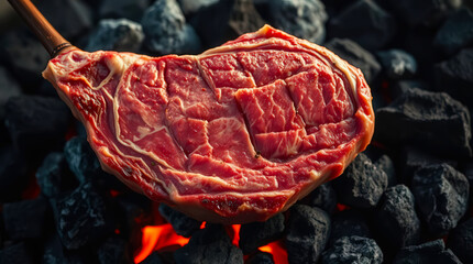 Raw steak sizzling over hot charcoal flames.