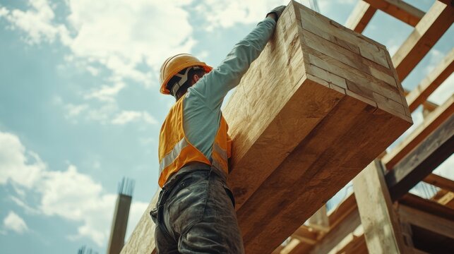 Construction worker lifting a heavy load on a site. Featuring strength and teamwork - Powered by Adobe