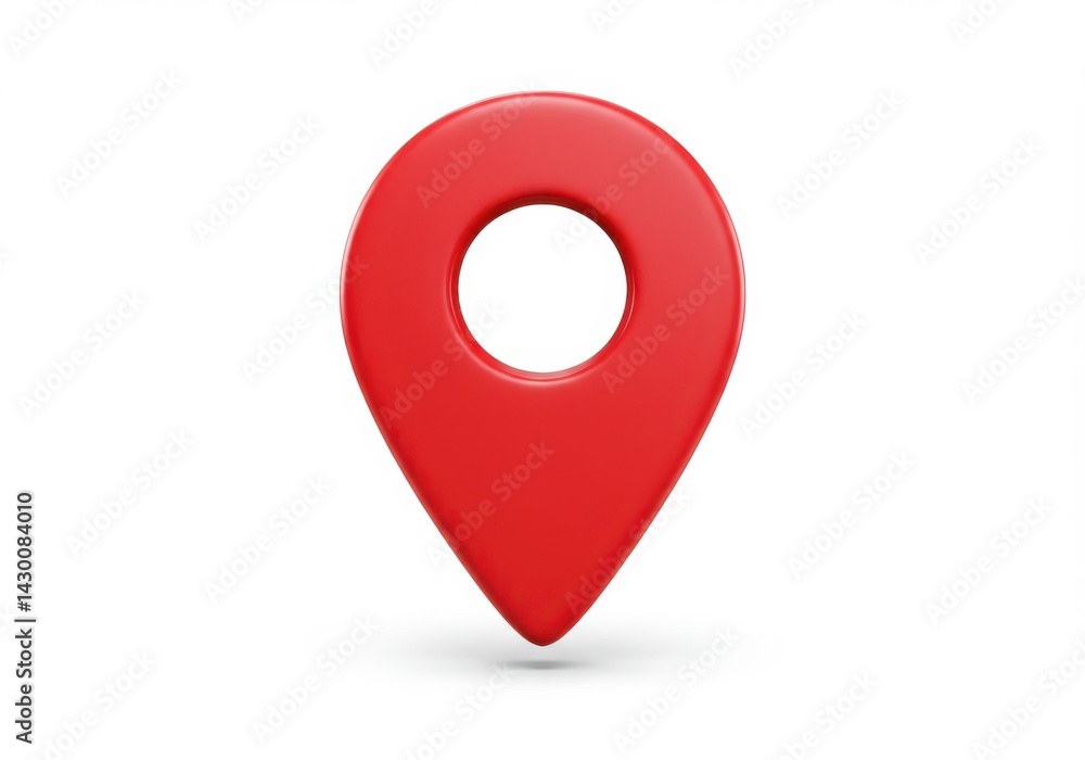 Poster a single red location pin with a circular cutout isolated on a plain white background with slight sh