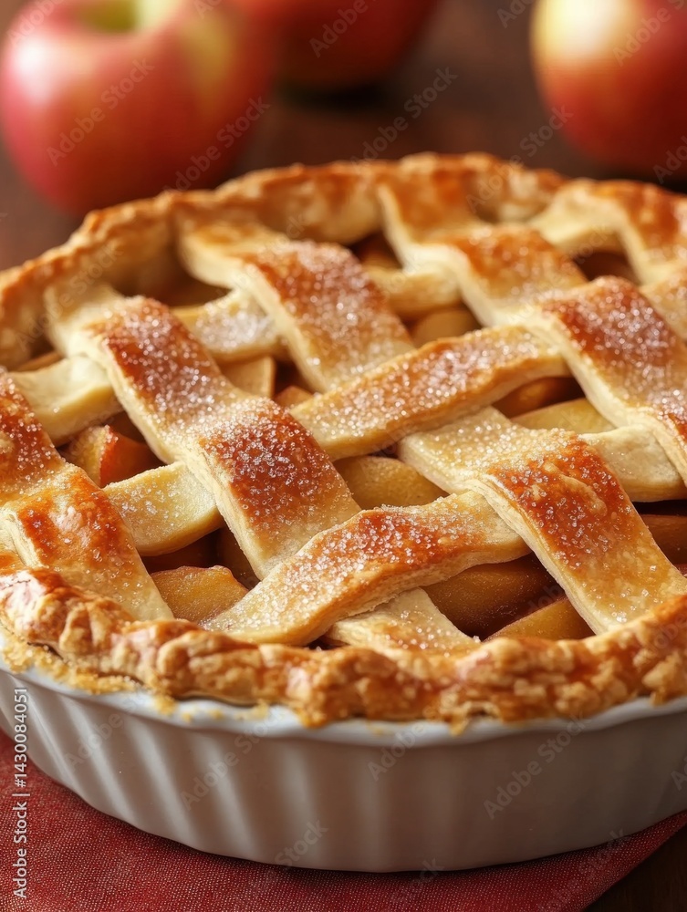 Poster freshly baked apple pie with lattice crust topping ready to serve