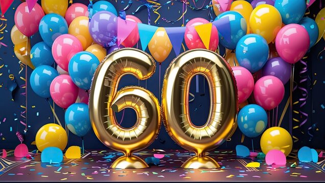 "Happy 60th Birthday - Gold 3D Balloon Number Greeting Card Template