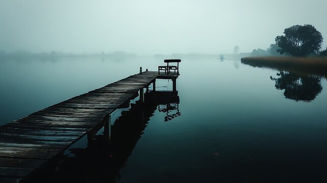 Misty lake with wooden pier and bench - Powered by Adobe