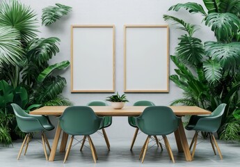 Fototapeta premium The modern dining room is characterized by its simple yet elegant design, incorporating poster frames, olive green chairs, and a table, all set against a neutral color scheme that creates a calming