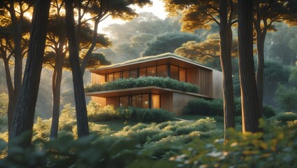 a beautiful wooden house in the forest