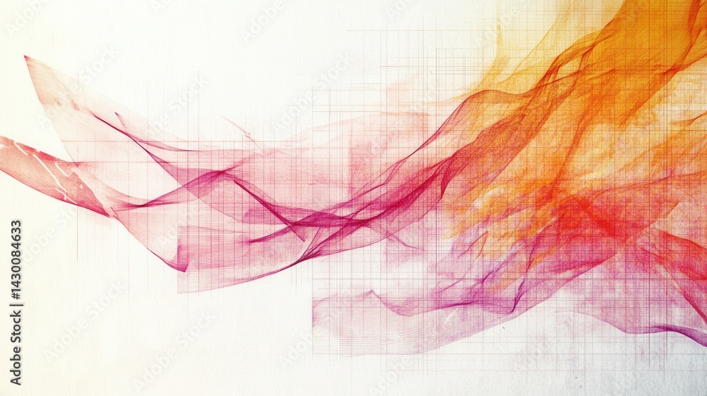 Poster abstract pencil strokes wash with fragmented amber and magenta hues on a geometric grid backdrop