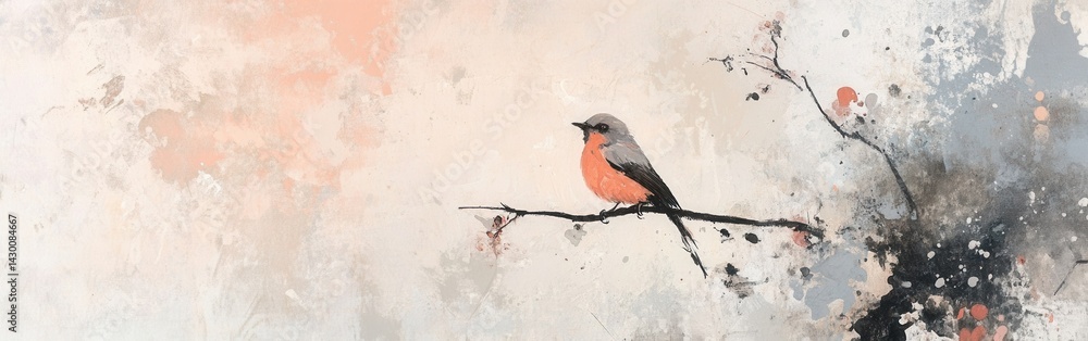 Aufkleber abstract silhouette of a bird perched on a branch with artistic paint splashes and a muted, pastel b