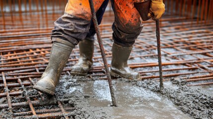 Construction worker mixing cement at a job site. Featuring hard work and precision