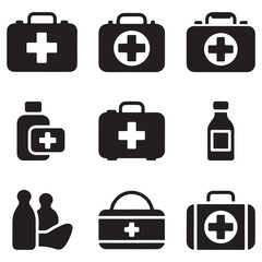first aid box, icon, first and kit, silhouette, set, thin, black, line, vector