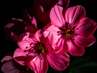 Elegant pink flowers illuminated against dark backdrop.