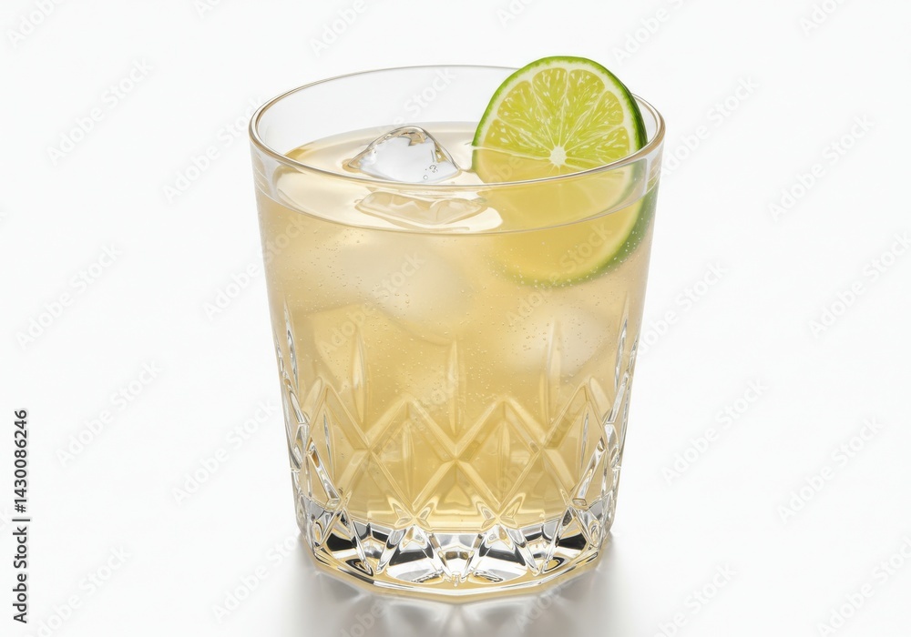 Poster a refreshing drink in a patterned glass with ice cubes and a lime slice against a white background