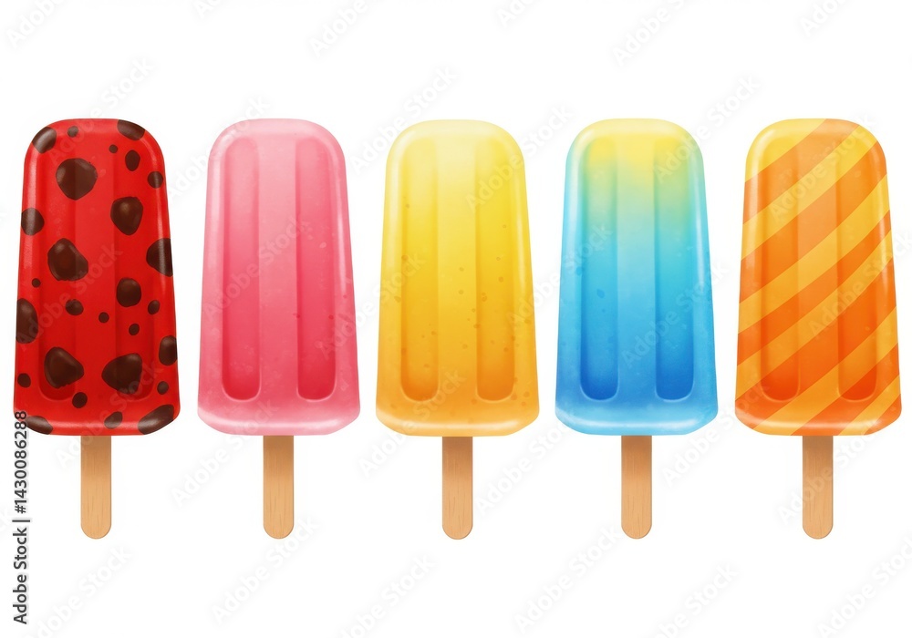 Poster a row of five colorful popsicles with different flavors and designs on a white background isolated a