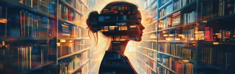 Silhouette of a Contemplative Woman Amidst Glowing Book Shelves in an Abstract Library of Knowledge