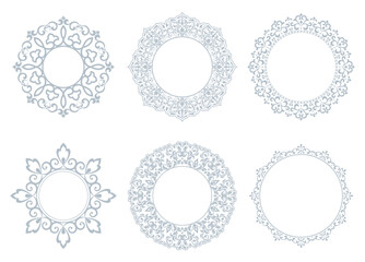 Set of decorative frames Elegant vector element for design in Eastern style, place for text. Floral gray and white borders. Lace illustration for invitations and greeting cards
