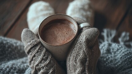 Close-up of a hand holding a warm cup of hot chocolate with whipped cream in a cozy indoor setting