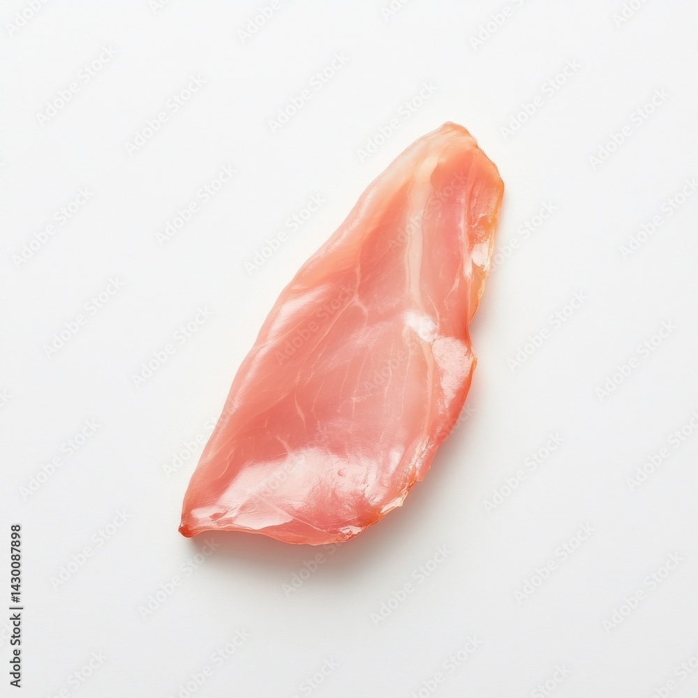 Poster single slice of thin-sliced cured ham with a pink color against a pristine white background