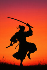 A silhouette of a swordsman standing against a bright sunset sky with a sword in hand and another sheathed, creating a powerful visual.