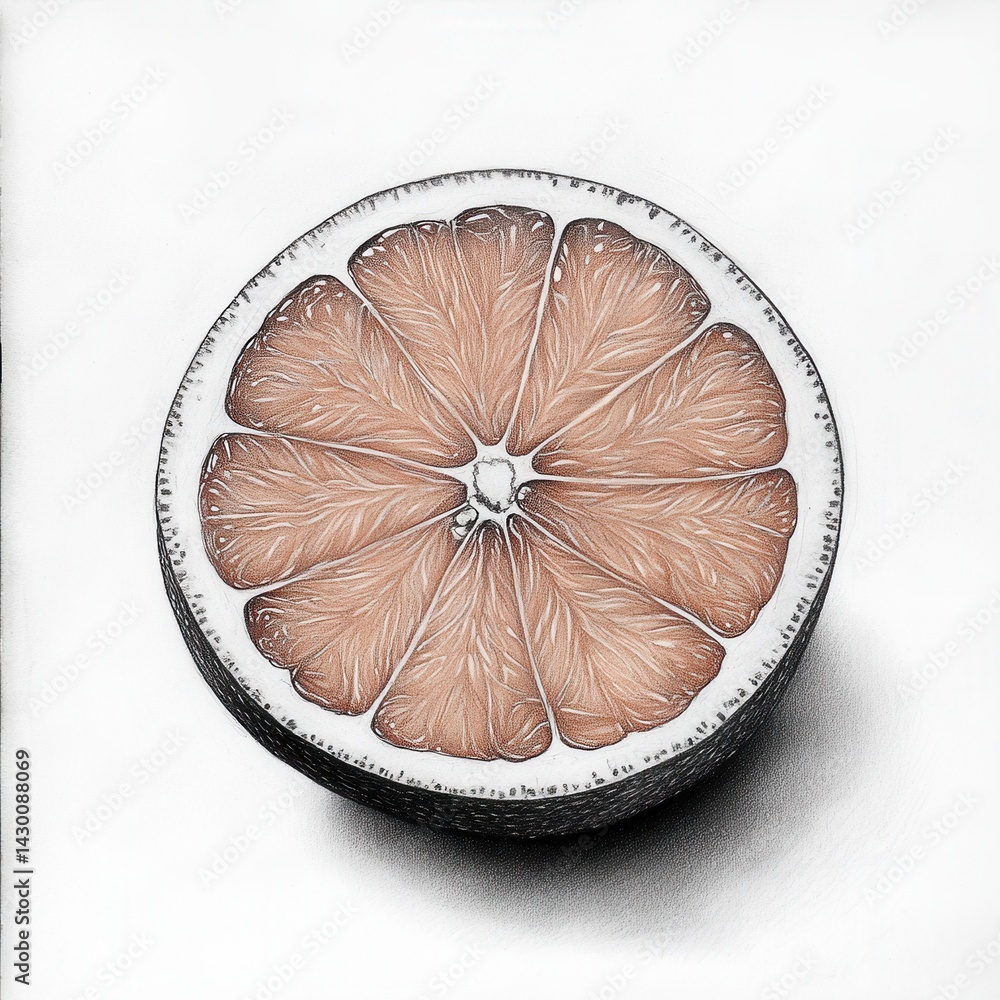 Poster illustrated grapefruit slice with intricate details and shading, perfect for health or food-related 