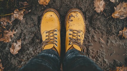 Muddy Yellow Boots and Autumn Leaves on Dark Earth