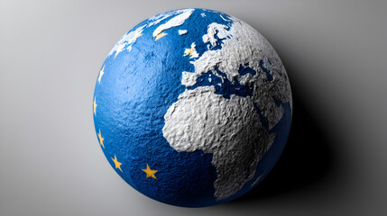 USA vs Europe: Stylized globe splitting in half, one half USA flag , the other half Europe flag.

