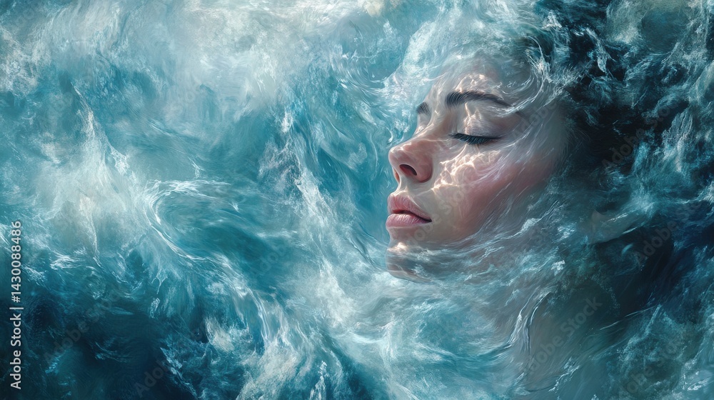 Poster dreamy portrait of a woman immersed in water with sunlight reflections and gentle waves creating a p