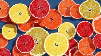 Colorful bunch of fresh citrus fruits including oranges and lemons displayed in an artistic pattern for visual appeal