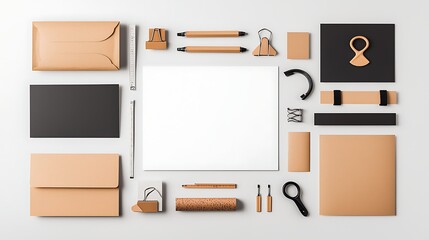 Flat lay of office supplies stationery, pens, envelopes, paper. Neutral colors