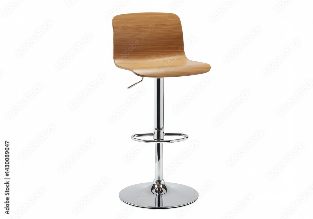 Poster isolated bar stool with wooden seat and chrome base on a white background in a studio setting view