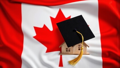 Graduation cap and house model on Canadian flag  