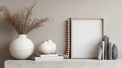 Neutral Home Decor Mockup Wooden Frame, Dried Flowers, and Ceramic Vessels on Gray Surface