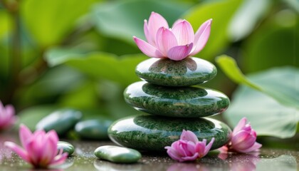 Fototapeta premium Serene stacked stones with pink lotus flowers in nature 