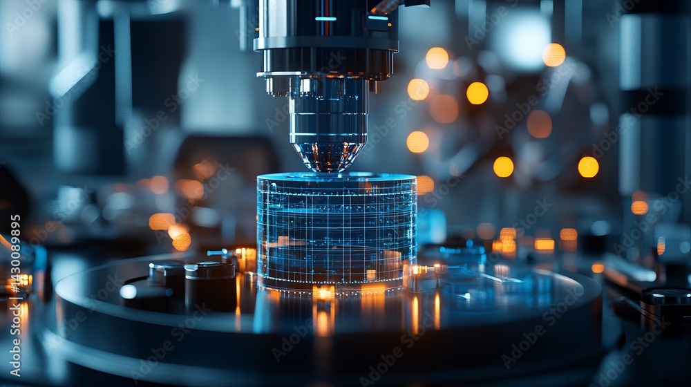 Poster close up of a robotic arm working on a cylindrical object with a grid pattern in a futuristic settin