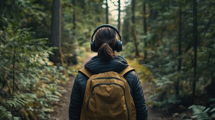 Fototapeta premium Hiker with headphones and backpack walking on a forest path, surrounded by lush greenery, trees, and ferns, exploring the tranquil